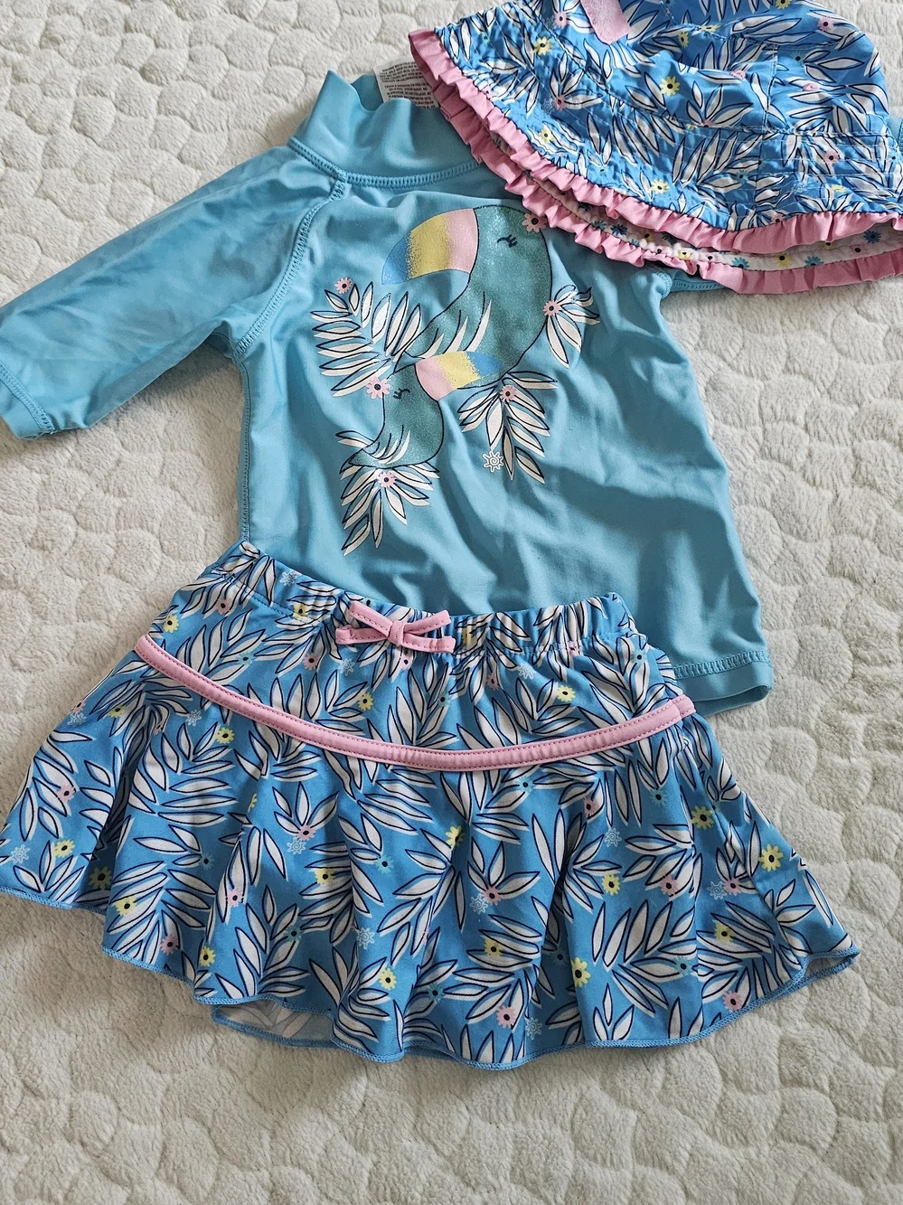 Toddler 3T Girls Blue Tropical Swim Set with Pink Accents Hat Rashguard Skirt